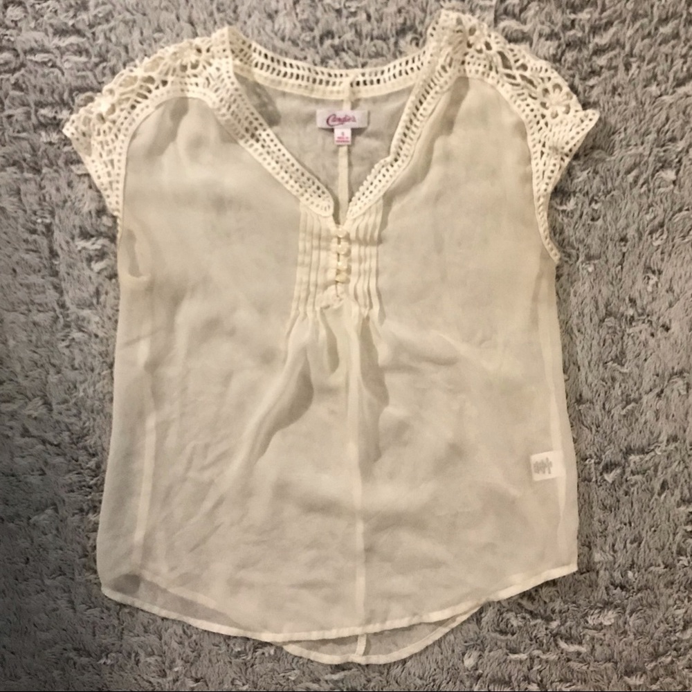 Sheer cream blouse with flower shoulder designs